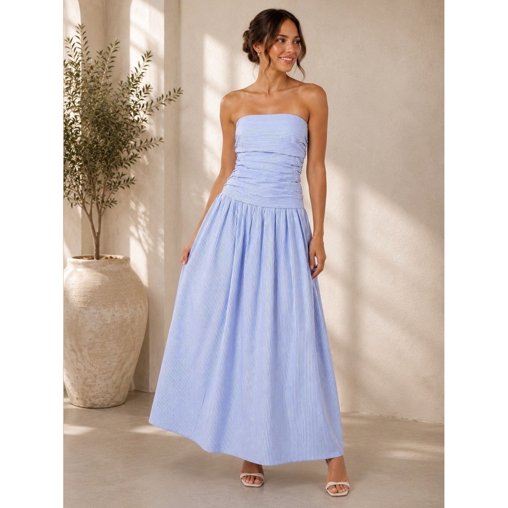 Petal & Pup Sky Blue Strapless Maxi Dress with Ruched Bodice